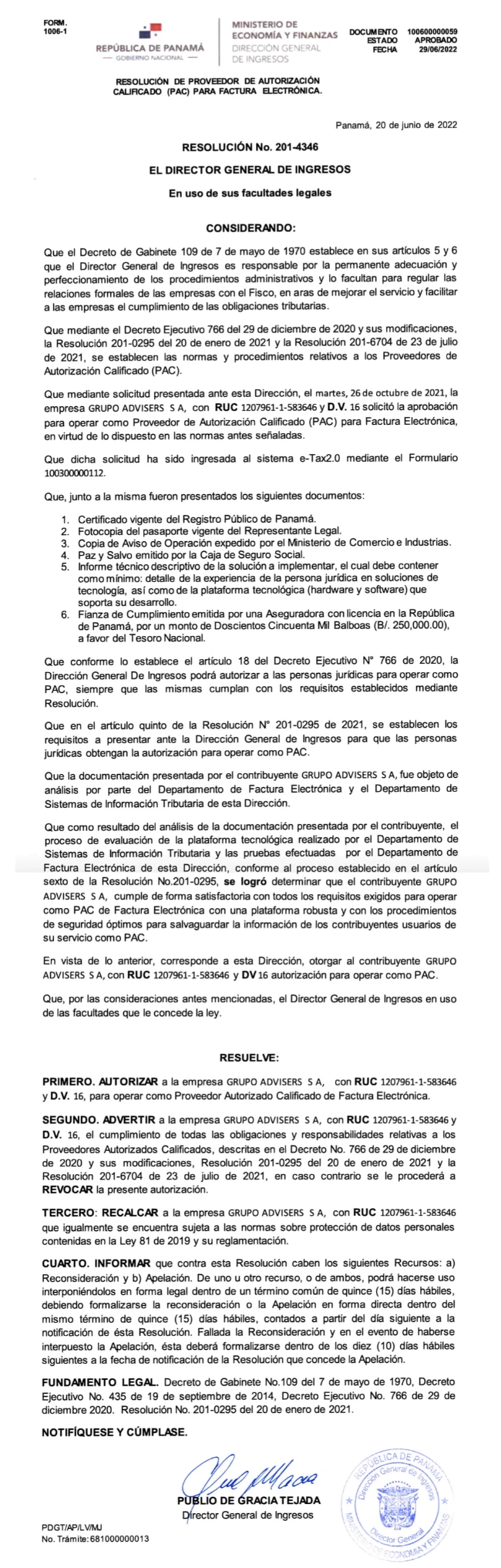 RESOLUCION PAC GRUPO ADVISERS